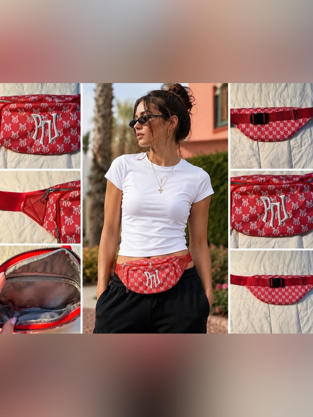 Red Monogram Waist Bag Fanny Pack Embroidered Logo Y2K Streetwear
